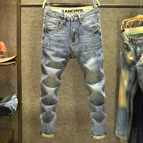 春季新款港风牛仔裤男修身显瘦小脚裤个性潮牌高街休闲百搭裤子男商品大图