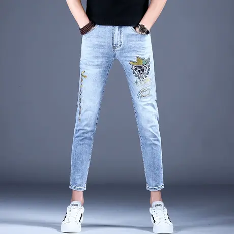 浅色九分牛仔裤男款修身小脚裤子男2023新款弹力紧身百搭休闲印花商品大图
