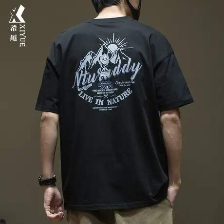 希越潮男个性后背印花短袖t恤男生宽松大码夏季潮牌痞帅重磅衣服图片