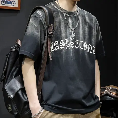 重磅短袖t恤男23新款半袖上衣胖子潮牌大码男装男士美式渐变体恤商品大图