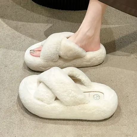 仙女风毛毛拖鞋女外穿2023新款秋冬季松糕厚底防滑毛绒孕妇棉拖鞋商品大图