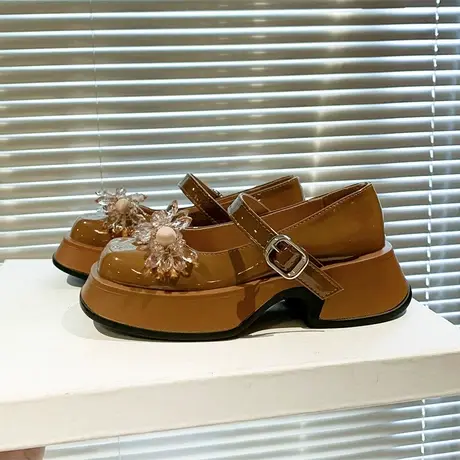 厚底棕色小皮鞋女春秋2023新款英伦风方头浅口复古法式玛丽珍单鞋商品大图