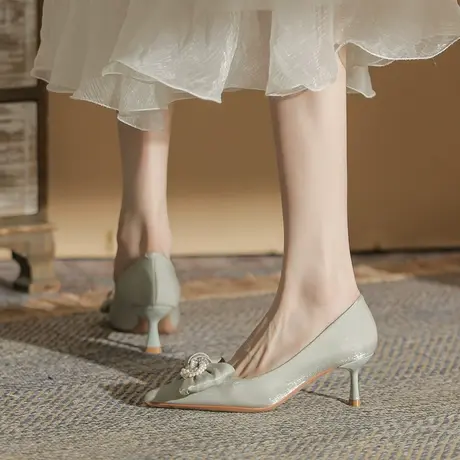 蝴蝶结高跟鞋女2023春季新款气质名媛绸缎尖头细跟单鞋法式职业鞋商品大图