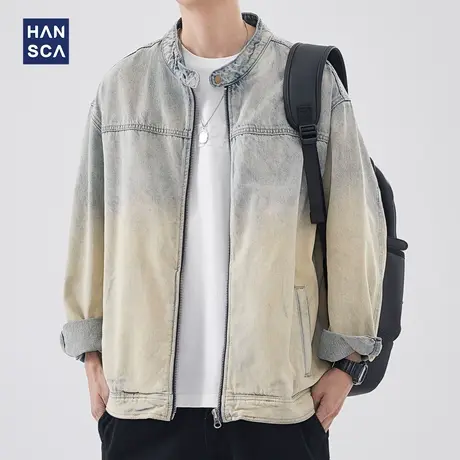 hansca春季新款长袖牛仔外套男复古潮牌水洗做旧扎染宽松休闲夹克图片