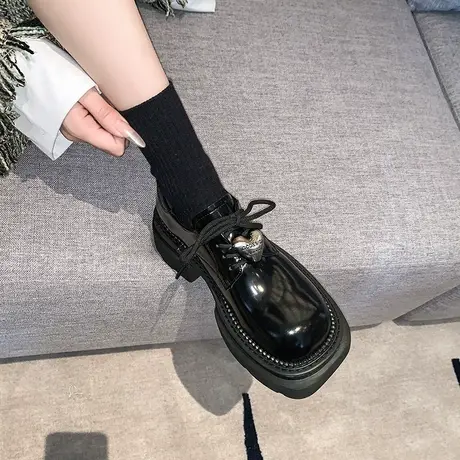 乐福鞋女款复古大头单鞋2024新款春秋季厚底英伦小个子粗跟小皮鞋商品大图