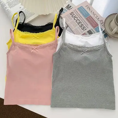 美式辣妹蕾丝边蝴蝶结背心吊带2024夏季新款女装显瘦无袖短款上衣商品大图