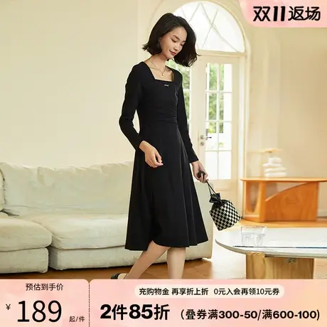 阿依莲法式赫本风长袖收腰连衣裙秋季2023新款女装黑色过膝小黑裙图片