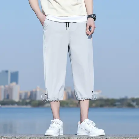 七分裤子男夏季薄款宽松束脚冰丝休闲裤男士潮牌工装抽绳运动中裤商品大图