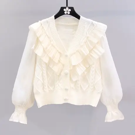 荷叶边V领针织开衫女2023年春装新款设计感洋气减龄薄款毛衣外套图片