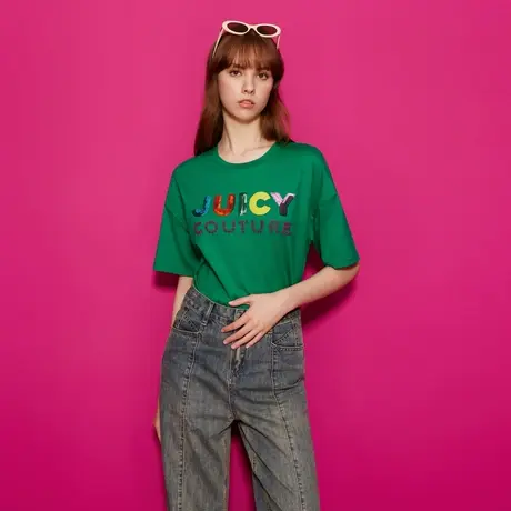 Juicy Couture橘滋2023新款青草悠悠logo珠片绣花短袖T恤商品大图