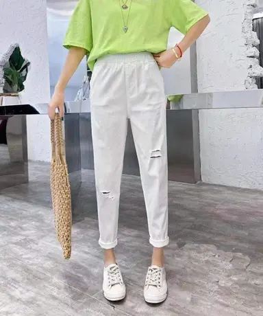 2023春夏破洞哈伦裤女直筒宽松大码胖MM松紧高腰弹力小脚九分裤子商品大图