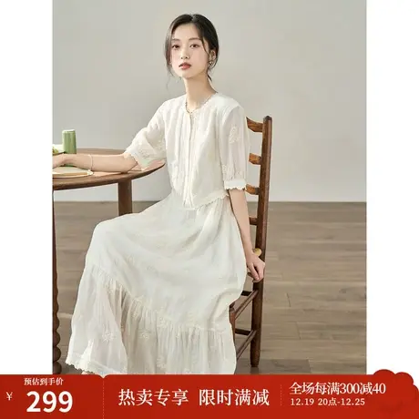 【商场同款】茵曼文艺连衣裙2023夏季女装新款圆领绣花中长裙子商品大图