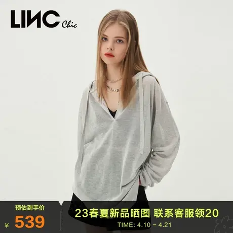 LINC金羽杰2023秋季新款轻薄透连帽宽松罩衫针织衫女S232SW158Y商品大图