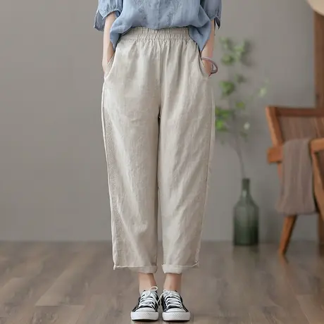 dza 高腰显瘦白色棉麻阔腿裤子女士夏季薄款九分休闲裤宽松亚麻裤图片