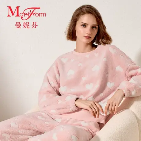 曼妮芬法兰绒厚款女家居服套装舒适暖绒圆领秋冬睡衣2024新款图片