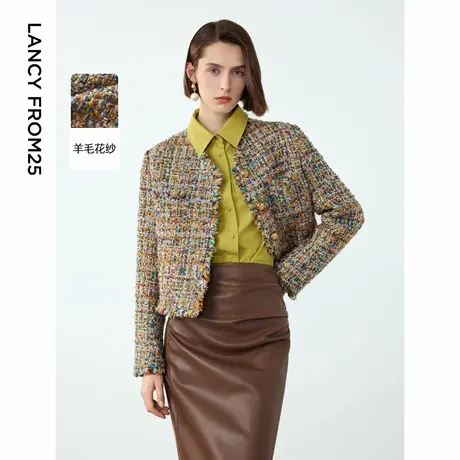 朗姿法式复古气质上衣女2024年冬季新款羊毛花纱小香风正肩短外套商品大图