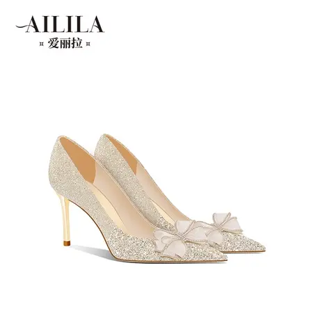 爱丽拉法式婚鞋女2023新款香槟色蝴蝶结禾主秀婚纱两穿新娘高跟鞋商品大图