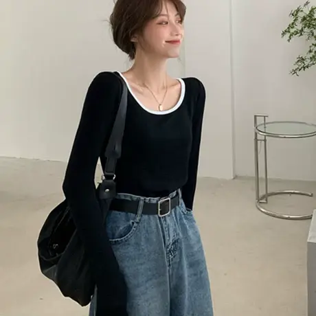 U型领别致设计感小众长袖t恤女春秋装修身内搭纯欲短款打底衫上衣商品大图