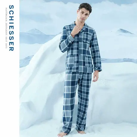 SCHIESSER舒雅男士纯棉柔软亲肤磨毛格纹梭织翻领睡衣家居服套装图片
