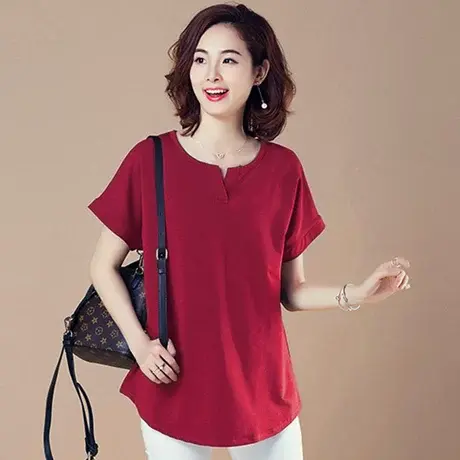 夏季加肥加大码女装宽松短袖T恤女全棉中年妈妈装中长款显瘦体恤商品大图