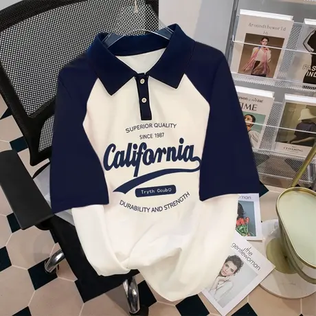 短袖t恤男女同款潮牌Polo领设计感小众ins大码插肩宽松新款上衣夏商品大图