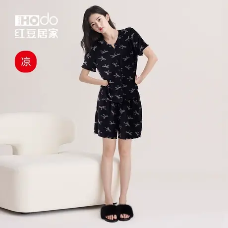 【凉感】红豆居家夏季短袖睡衣女柔软优可丝宽松慵懒度假风家居服商品大图
