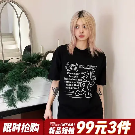 2025夏季新款宽松显瘦黑色短袖t恤女街头嘻哈风卡通潮牌重磅上衣商品大图