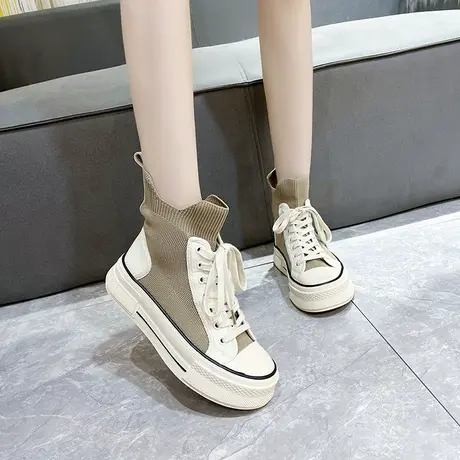 永希高帮鞋女春季新款2023时尚街拍厚底增高休闲鞋小众袜子帆布鞋商品大图