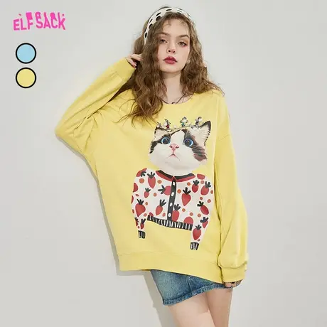 妖精的口袋猫咪黄色圆领卫衣女2023春秋新款无帽套头宽松中长款潮图片