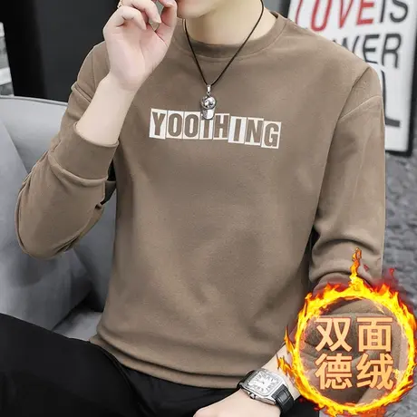 德绒卫衣男秋冬款宽松潮流字母印花圆领无帽上衣服双面绒长袖t恤商品大图