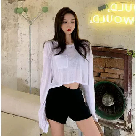 1m舞室同款 嘻哈爵士舞上衣短款长袖hiphop露脐防晒hiphop衫T恤女商品大图