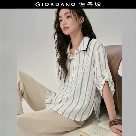 设计师款佐丹奴女装日系撞色双层领可卷袖宽松竖条纹衬衫18345516商品大图