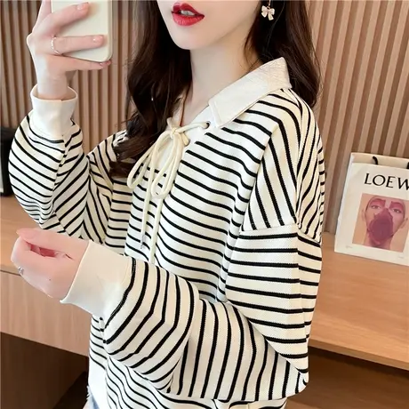 小个子polo领卫衣女2023新款春秋季韩版宽松薄款条纹长袖上衣外套图片