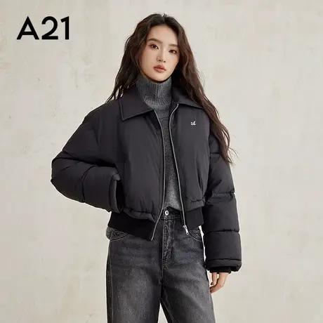 A21女装梭织宽松翻领落肩开襟短棉服拉链长袖时尚夹克棉衣外套图片