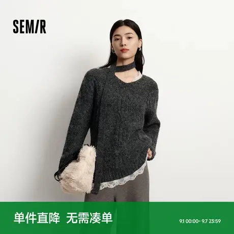 森马毛衣女冬围巾蕾丝V领绞花宽松2025新款慵懒优雅小性感套头衫商品大图