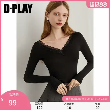 DPLAY2025年秋季新款黑色t恤女时尚流行拼接蕾丝打底衫修身上衣商品大图