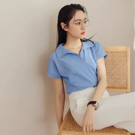 桔熊夏季休闲通勤凉爽落肩螺纹针织衫翻领短袖上衣女大码AB16855商品大图