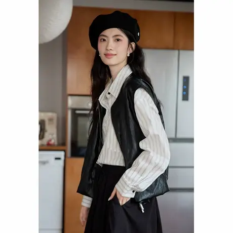 弥古黑色皮马甲女气质高级感短款机车服上衣2025春秋新款马夹背心商品大图