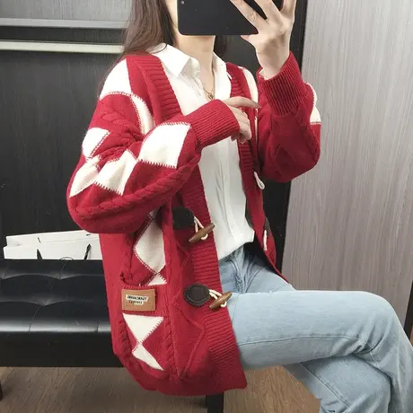 2023秋装新款菱形格子针织开衫女装慵懒风宽松外搭春秋季毛衣外套图片