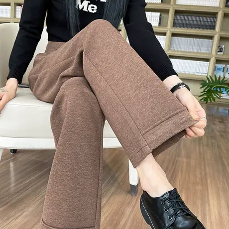 加厚卡其色毛呢直筒阔腿裤女2023秋冬新款高腰宽松呢子西装休闲裤图片