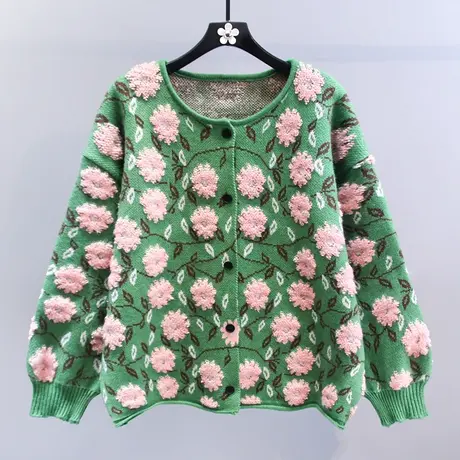 复古慵懒风提花毛衣外套女秋冬2023新款宽松设计感圆领针织开衫商品大图