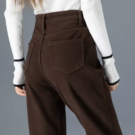 咖啡色裤子加绒牛仔裤女2023新款秋冬女裤休闲九分裤萝卜裤哈伦裤商品大图