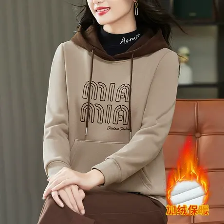 秋冬加绒加厚卫衣女2023年新款时尚修身连帽上衣常规正肩套头外套商品大图