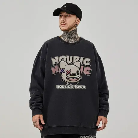 重磅美式复古嘻哈大码卫衣男生款圆领纯棉水洗做旧高街加绒秋冬季图片