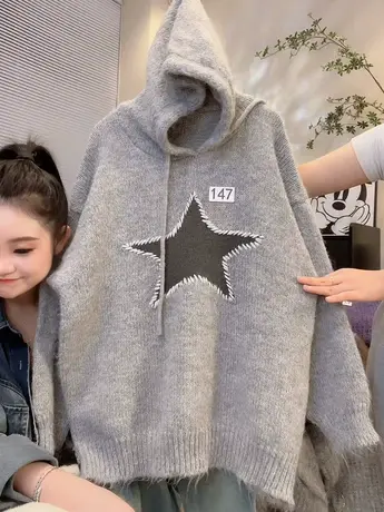 慵懒风星星连帽套头毛衣女秋冬高级感软糯针织宽松休闲针织衫上衣图片
