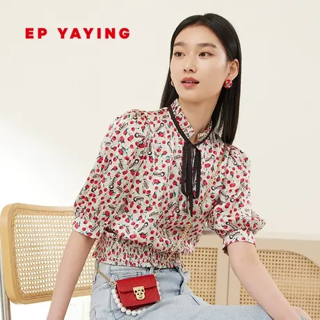 [真丝系列]EP雅莹女装 樱桃印花泡泡袖缎面收腰衬衫商场同款2345A商品大图