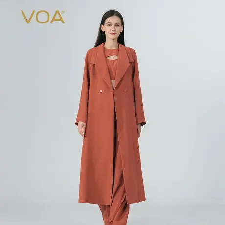 VOA朱砂红40姆米鬼纡重磅真丝西装领连肩长袖双排扣直筒蚕丝风衣商品大图