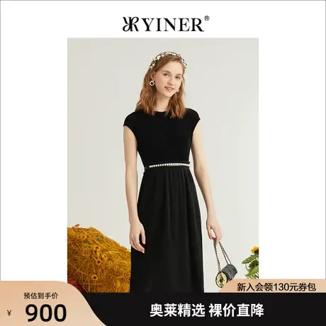 YINER音儿专柜女装2022夏季新款时尚细条纹醋酸圆领连衣裙图片