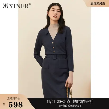 YINER音儿女装秋季羊毛系带收腰包臀连衣裙图片