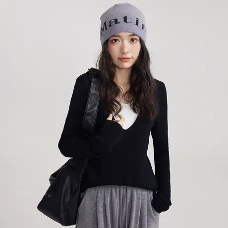 尔给假两件打底衫上衣女春秋款宽松长袖薄款黑色薄款v领针织衫商品大图